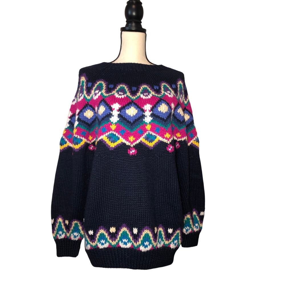 Vintage BEST American Clothing Co Ski Fair Isle Chunky Knit Sweater Navy Size S